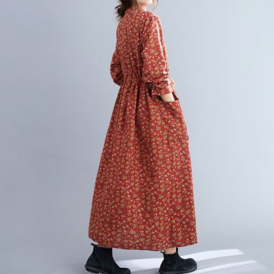 Vintage Cotton Linen Ethnic Dress Women 2021 Autumn Baggy Robe Femme Floral Print Oversized Maxi Long Dresses Female 11715