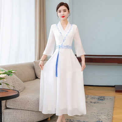 Chinese Style Women&#39;S Clothing 2021 Summer Spring Embroidery Robe Vintage Femme Dresses Elegant Cheongsam Qipao Dress FF3044