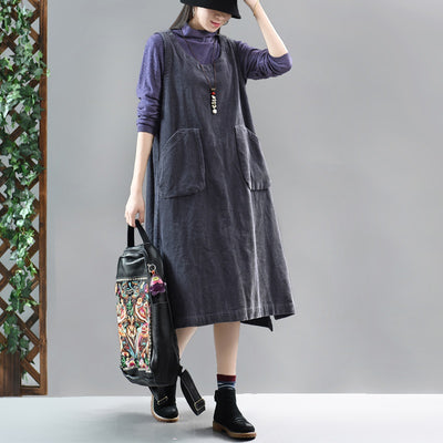 Plus Size Women Dress Vinatge Vestidos Sleeveless Corduroy Female Lady Casual Loose Solid Pockets Dress Winter Autumn 11557