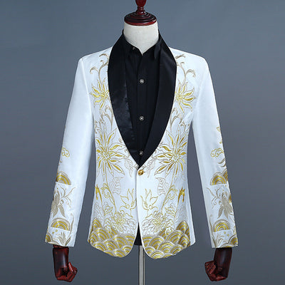 Plyesxale Floral Embroidery Blazer Men Chinese Style Shawl Collar Wedding Blazers Red White Royal Blue Mens Stage Wear Q290