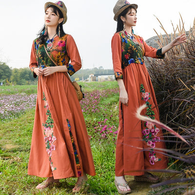 Chinese Style Beach Dresses 2021 Summer Boho Dress Bohemian Vestidos Sundress Robe Vintage Femme Embroidery Maxi Dress TA1969