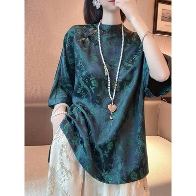 2022 new chinese style cheongsam button blouse stand collar women blouse with loose half sleeves dark green elegant blouse g746