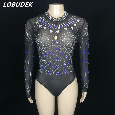 Mest Black Bodysuit Blue Bling Rhinestones Tights Sexy Nightclub Lady Singer Pole Dance Costume Elastic Leotard Stage Wear