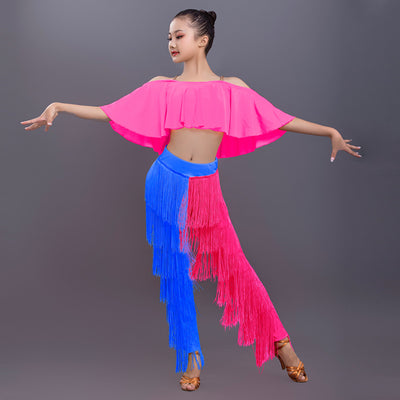 New Latin Dance Clothing Set Girls Yellow Cropped Tops Fringed Trousers Suit Children Performance Dress Competition Costume 3482