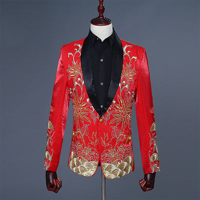 Plyesxale Floral Embroidery Blazer Men Chinese Style Shawl Collar Wedding Blazers Red White Royal Blue Mens Stage Wear Q290