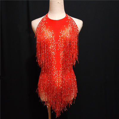 Stretch Rhinestones Tassel Bodysuit Sleeveless Backless Leotard Tights Bar Nightclub Stage Wear Black Women Latin Dance Costume