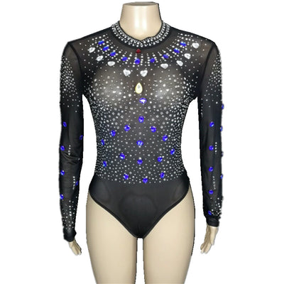 Mest Black Bodysuit Blue Bling Rhinestones Tights Sexy Nightclub Lady Singer Pole Dance Costume Elastic Leotard Stage Wear