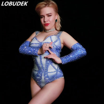 Sparkly Blue Rhinestones Tights Halter Bodysuit Cuff Sexy Nightclub DJ Lady Singer Pole Dance Costume Elastic Leotard Stage Wear