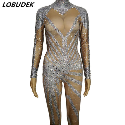 Female Sparkly Crystals Zentai Jumpsuit Shining Rhinestones Elastic Jumpsuits Bar Birthday Party Show Singer Dancer DJ Costume